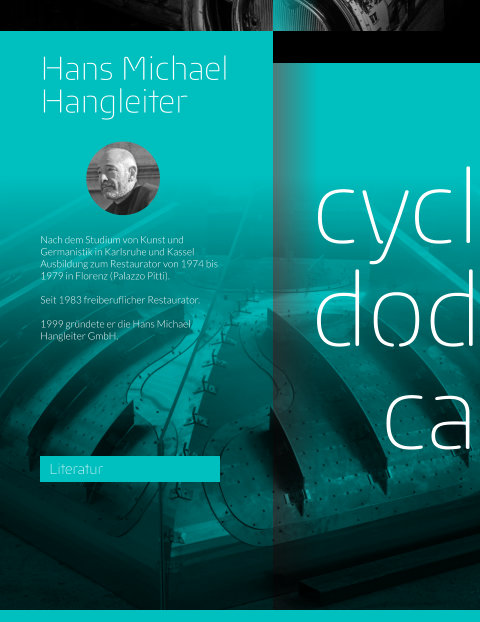 Cyclododecan  Cyclododecan  Spray    Cyclododecan ist eine ungiftige wachsartige, Substanz mit der ungewöhnlichen Eigenschaft bei Raumtemperatur zu sublimieren, das heißt direkt vom festen in den gasförmigen Zustand über zu gehen und somit innerhalb von kurzer Zeit rückstandslos zu verschwinden.   Auf Grund dieser Eigenschaften wird dieses Material vor allem für vollkommen reversible Sicherungs- und Schutzmaßnahmen an wertvollen Kunstwerken eingesetzt.    Cyclododecan Spray  In der Spraydose liegt das Cyclododecan zunächst in gelöster Form vor. Das Lösungsmittel ist in diesem Fall ausschließlich das Treibgas. Zusätze von weiteren Lösungsmitteln sind nicht vorhanden. Beim Sprayfilm handelt es sich um einen schneeweißen, matten Auftrag.  Anwendung Industrie Cyclododecan Mattierungsspray für genaue Scans mit vollständiger Oberflächenerfassung bei glänzenden, transparenten oder sehr dunkle Oberflächen. Der Sprayfilm aus Cyclododecan lässt sich sehr dünn auftragen und verflüchtigt sich absolut rückstandsfrei nach kurzer Zeit.    Cyclododecan Mattingspray for precise scans that provides a 3D model for reflecting, shiny or transparent objects and also reaches 3D documentation purpose in regards of substance reversibility and data completeness. The CCD coat disappears (sublimates) after a short time without leaving residues.    Cyclododecan bestellen cyclo dode can cyclo dode can cyclo dode can Hans Michael Hangleiter Nach dem Studium von Kunst und Germanistik in Karlsruhe und Kassel Ausbildung zum Restaurator von 1974 bis 1979 in Florenz (Palazzo Pitti).   Seit 1983 freiberuflicher Restaurator.  1999 gründete er die Hans Michael Hangleiter GmbH.  Literatur  Cyclodeodecan Hans Michael Hangleiter  Anwendung Industrie  Restaurierung/Konservierung  Materialinfo Cyclododecan Literatur Bestellung Kontakt/Impressum Materialinfo Anwendung Restaurierung Anwendung Industrie Cyclododecan bestellen Materialinfo Anwendung Restaurierung